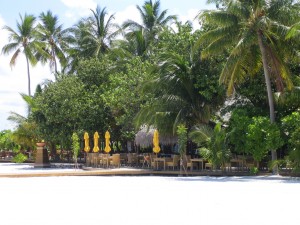Restaurant sur l'île de Velavaru aux Maldives